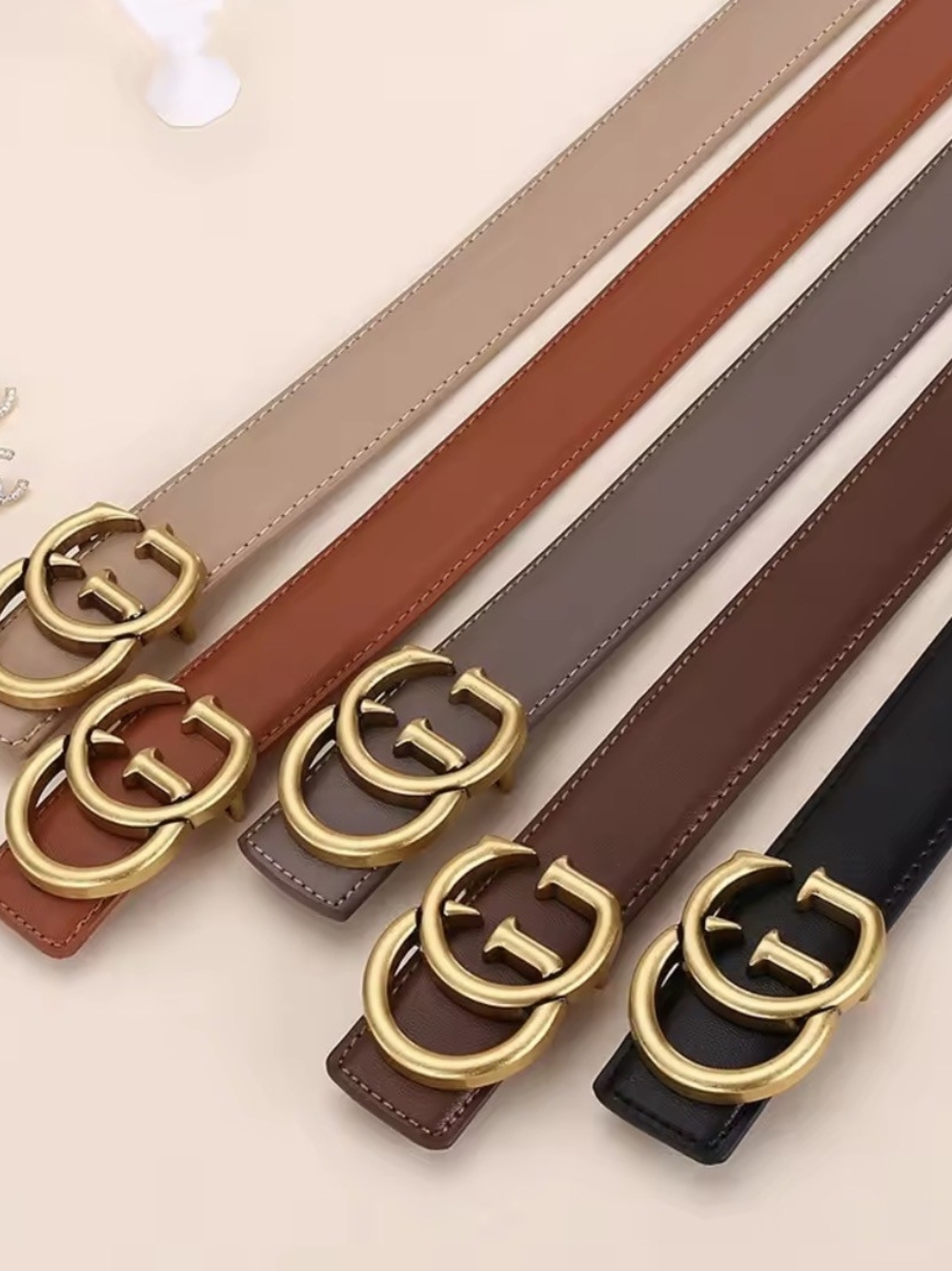 Classic Double-G Buckle Leather Belt - Black, Brown, Tan, Taupe, Camel